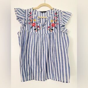 SHEIN Blue & White Striped Floral Embroidered Ruffle Sleeve Camisole